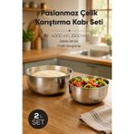 2'li Paslanmaz Çelik Karıştırma Kabı Seti - 2500-4000 ml Metal Kase Takımı