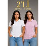 2Li Polo Yaka Pike Kumaş Düğmeli Basic Tişört Günlük Rahat Kesim - Beyaz, Pembe