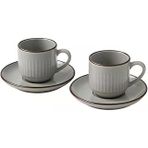 2'Li Set Çizgili Seramik Fincan Takımı | Mat Kahverengi Beyaz Rustik Espresso & Türk Kahvesi Fincanı | Çift Kişilik Kulplu Servis Seti | Ev Kafe Stili
