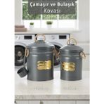 2'Li Set Deterjan Kovası Çamaşır Bulaşık Kutusu Ölçekli Galvaniz Metal Antrasit