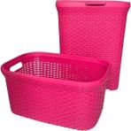 2'li Set Hasır Desenli Plastik Fusya Çamaşır Sepeti & Fusya Çamaşır Selesi - Fuşya