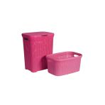 2'li Set Hasır Desenli Plastik Pembe Çamaşır Sepeti & Pembe Çamaşır Selesi