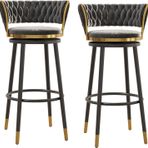 2'li Set Lüks Kadife Döner Bar Taburesi, Kavisli Dokuma Arka Tezgah Yüksekliği Ayak Dayamalı Sandalye, Modern Mutfak Ada Oturma, Gri Siyah Metal Ayaklı (65 cm)