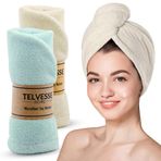 2li Set Mikrofiber Saç Havlusu Plaj Deniz Havuz Bonesi Banyo Saç Kurutma Baş Havlusu Krem-Turkuaz