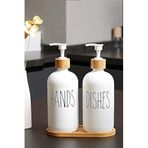 2’li Soft Beyaz Dekoratif Mutfak Banyo Sıvı Cam Sabunluk Seti 500ml Bambu Stantlı Set