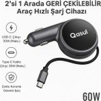 2’si 1 Arada Geri Çekilebilir Kablolu Araç Hızlı Şarj Cihazı – 60W - Renkli