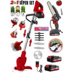 2x Akülü 2'li Şarjlı Zincirli Ağaç Dal Kesme Budama Testeresi Ot Çayır Çim Biçme Tırpan Kesme Makinesi Super 2 Li Set Yağ Pompalı 17 cm Pala Testere Full Set Bataryalı