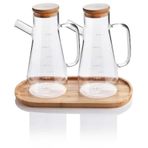 2x900 ML Standlı Cam Yağlık Seti Sütlük Sosluk Vakumlu Bambu Kapaklı Borosilikat