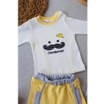 3-6 6-9 9-12 Ay Gentleman Erkek Nakışlı Şapkalı Uzun Kollu Sweat 3lü Erkek Bebek Takımı Sarı