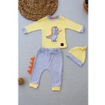3-6 6-9 9-12 Ay Minik Dino Nakışlı Şapkalı Uzun Kollu Sweat 3lü Kız-erkek Bebek Takımı Sarı