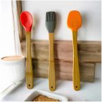 3 Adet 21 Cm Pastel Renk Bambu Saplı Mini Silikon Pişirme Seti, (Kaşık,Fırça,Spatula),Pastel