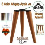 3 Adet Ahşap Ayak 35 cm Açık Meşe M8 Civatalı Bağlantı Aparatlı Mobilya Tabure Sehpa Masa Destek Ayağı