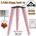 3 Adet Ahşap Ayak 35 cm Açık Pembe M8 Civatalı Bağlantı Aparatlı Mobilya Tabure Sehpa Masa Destek Ayağı