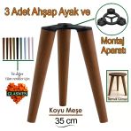 3 Adet Ahşap Ayak 35 cm Koyu Meşe M8 Civatalı Bağlantı Aparatlı Mobilya Tabure Sehpa Masa Destek Ayağı