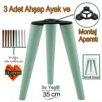 3 Adet Ahşap Ayak 35 cm Su Yeşili M8 Civatalı Bağlantı Aparatlı Mobilya Tabure Sehpa Masa Destek Ayağı