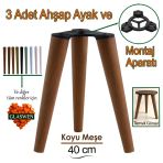 3 Adet Ahşap Ayak 40 cm Koyu Meşe M8 Civatalı Bağlantı Aparatlı Mobilya Tabure Sehpa Masa Destek Ayağı