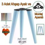 3 Adet Ahşap Ayak 45 cm Açık Mavi M8 Civatalı Bağlantı Aparatlı Mobilya Tabure Sehpa Masa Destek Ayağı