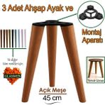 3 Adet Ahşap Ayak 45 cm Açık Meşe M8 Civatalı Bağlantı Aparatlı Mobilya Tabure Sehpa Masa Destek Ayağı