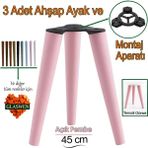 3 Adet Ahşap Ayak 45 cm Açık Pembe M8 Civatalı Bağlantı Aparatlı Mobilya Tabure Sehpa Masa Destek Ayağı - Pembe