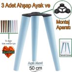 3 Adet Ahşap Ayak 50 cm Açık Mavi M8 Civatalı Bağlantı Aparatlı Mobilya Tabure Sehpa Masa Destek Ayağı