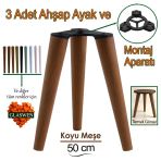 3 Adet Ahşap Ayak 50 cm Koyu Meşe M8 Civatalı Bağlantı Aparatlı Mobilya Tabure Sehpa Masa Destek Ayağı