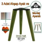 3 Adet Ahşap Ayak 50 cm Orman Yeşili M8 Civatalı Bağlantı Aparatlı Mobilya Tabure Sehpa Masa Destek Ayağı
