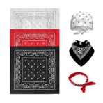 3 adet bandana, 54 x 54 cm şal desenli bandanalar baş örtüsü, kadın ve erkek için, çok fonksiyonlu saç şalı, kovboy bandana, kırmızı, siyah, beyaz, baş örtüsü, bilek başlığı, açık hava, spor, yürüyüş