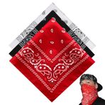 3 Adet Bandana Kadın Erkek, Başörtüsü, Erkek Bandana Bez, Üniseks Bez, Bağlama Bezi, Şapka, Saç, Şal, Şal Deseni, Kırmızı Siyah ve Beyaz (55 x 55 cm), Siyah, 55*55cm