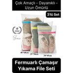 3 Adet Farklı Boy Çamaşır Yıkama Filesi Torba Seti Renkli Fermuarlı Kirli Temiz Sütyen Iç Çamaşırı - Beyaz