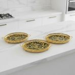 3 Adet Gold Renk Vav Desen Metal Çerçeveli Cam Nişan-Servis Tepsi Seti – 28×19 cm - 28 cm