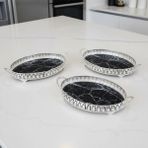 3 Adet Gümüş Renk Mermer Desen Metal Çerçeveli Cam Nişan-Servis Tepsi Seti - 28X19 cm - 28 x 20 cm