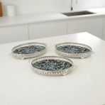 3 Adet Gümüş Renk Vav Desen Metal Çerçeveli Cam Nişan-Servis Tepsi Seti – 28×19 cm - Gümüş - Siyah