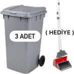 3 Adet Plastik Çöp Konteyneri 240 Litre - Isıya Karşı Dayanıklı Malzeme -(Faras ) - Gri