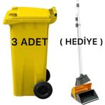 3 Adet Plastik Çöp Konteyneri Çöp Kovası 120 Lt Isıya Karşı Dayanıklı Kapaklı Faraş Hediyeli - Sarı
