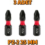 3 Adet Pz-2 25 mm Mıknatıslı S2 Çelik Bits Uç Matkap Ucu - Siyah
