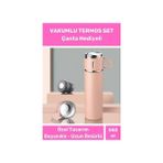 3 Bardaklı Soğuk Sıcak Termos Vakumlu Termos Set Çanta Hediyeli Paslanmaz Çelik 550 ml - 500 ml - Pembe