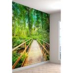 3 Boyutlu, Ahşap Köprü Duvar Kağıdı, Orman Desenli, Yeşil Renkli, Doğa Manzara, Salon Duvar Kağıdı, 490 x 265