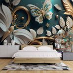 3 Boyutlu Beyaz Çiçek ve Kelebek Desenli Duvar Kağıdı dkm-877 325 x 200