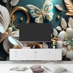 3 Boyutlu Beyaz Çiçek ve Kelebek Desenli Duvar Kağıdı dkm-877 350 x 240