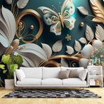3 Boyutlu Beyaz Çiçek ve Kelebek Desenli Duvar Kağıdı dkm-877 375 x 300