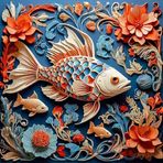 3 Boyutlu Dekoratif Balık ve Çiçek Desenli Duvar Sanatı, Turuncu ve Mavi, Dijita Sanat Resim (30 x 30 cm)