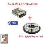 3 Çipli İç Mekan 5 Metre Beyaz Led + 5A Slım Led Trafosu