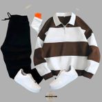 3 Iplik Şardonlu Bloklu Yarım Fermuarlı Sweatshirt - Eşofman Altı 2li Takım - Kahverengi - Siyah