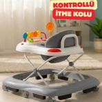 3 Kademeli Kontrollü Itme Kollu Bebek Yürüteç | Oyuncaklı, Güvenli ve Ergonomik - Gri