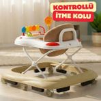 3 Kademeli Kontrollü Itme Kollu Bebek Yürüteç | Oyuncaklı, Güvenli ve Ergonomik - Kahverengi