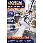 3 Kademeli Musluk Başlığı 360° Döner Tasarruflu Perlatör Su Tasarruf Aparatı Krom Uyumlu