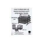 3 Kat Metal Evrak Rafı ve 3'lü Masa Kalemlik Seti Ofis Takımı Siyah Renk 28x35x25 cm Ölçüler