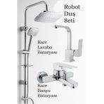3 Lü Banyo Seti Robot Duş Seti + Kare Lavabo Bataryası + Kare Banyo Bataryası %100 Pirinç krom