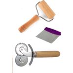3 Lü Mutfak Seti Rulo Hamur Merdane - Hamur Metal Spatula- Pizza 2 Başlıklı - Ahşap