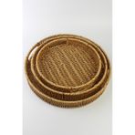 3 Lü Rattan Tepsi Dekoratif Tepsi Hasır Örme Tepsi Yuvarlak Krem